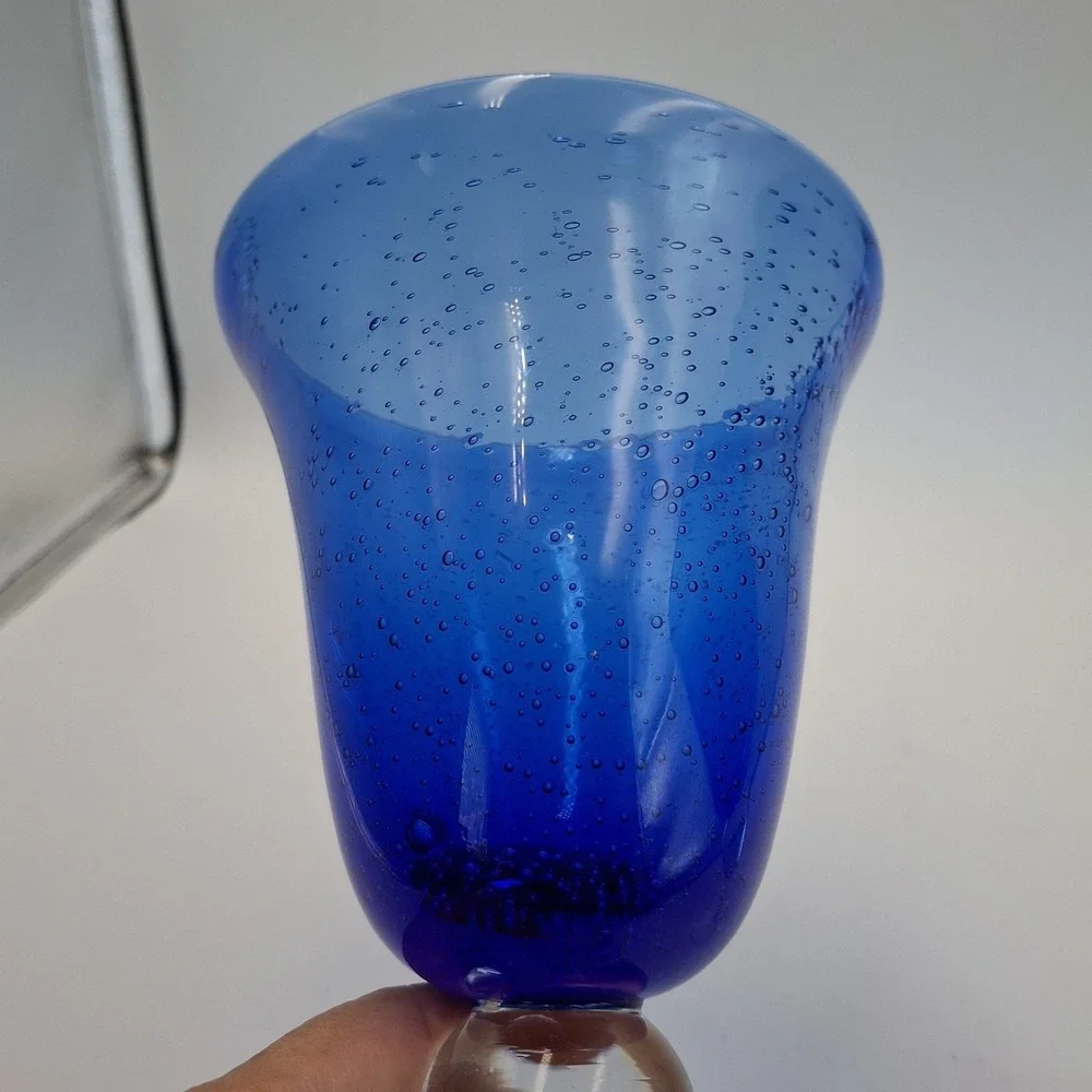 Pair Hand Blown Cobalt Blue Bubble Glass Goblets Clear Stem 8.5